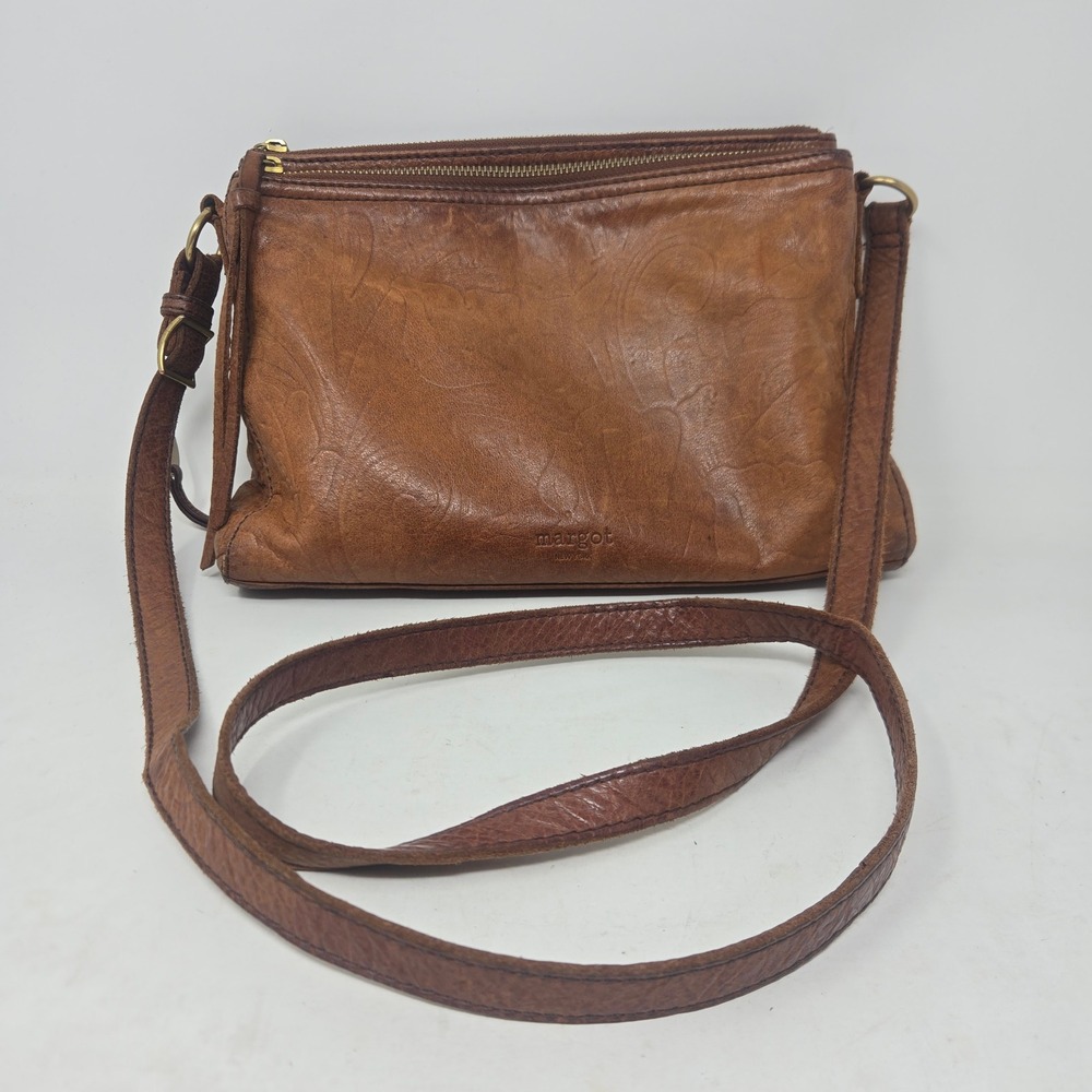Margot‎ New York Brown Embossed Leather Triple Gusset Crossbody Bag Organizer